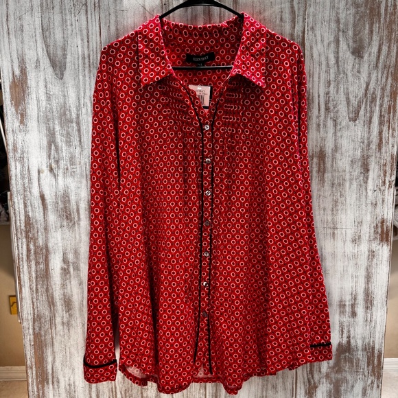 Ellen Tracy 2 Piece Pajama Set XL Red Black Button Down Long Sleeve Stretchy NWT - Picture 2 of 12